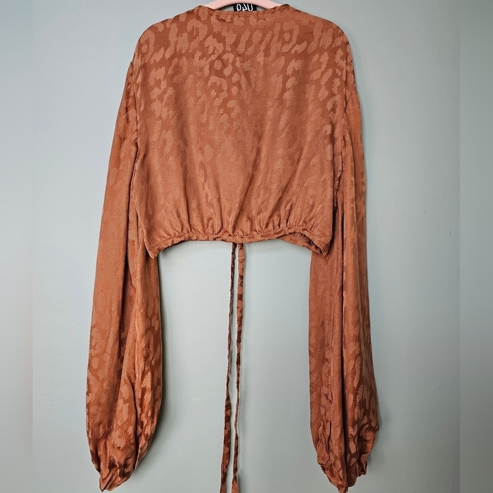 RUMER Kenya Animal Print Cheetah Long-Sleeve Wrap Crop Top, Burnt Orange, S - Picture 6 of 11
